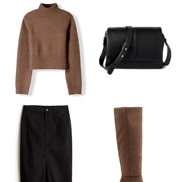 Suknja, pulover, visoke čizme i torba u kombinaciji sa sniženja