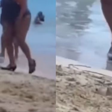 Žena na plaži u visokim petama