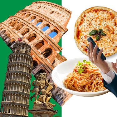 Talijanske znamenitosti i jela i ljutiti muškarac