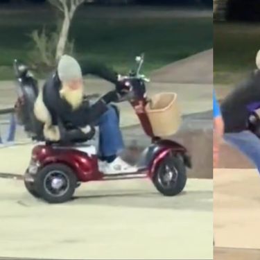 Čovjek s dugom sjedom bradom kako vozi skuter u skateparku