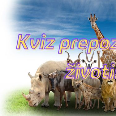 Razne životinje u prirodi i natpis Kviz prepoznavanja životinja