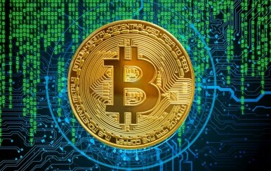 Simbol kriptovalute Bitcoin i pozadina s burze