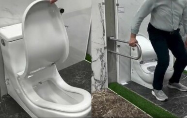 Muškarac koji sjeda na neobičnu WC školjku