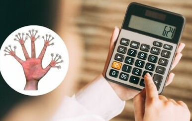 Osoba koja unosi brojeve u kalkulator i vizualna zagonetka s prstima
