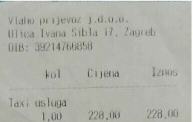 Račun za prijevoz taksijem