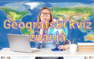 Žena razmišlja za računalom i karta svijeta uz natpis kviza