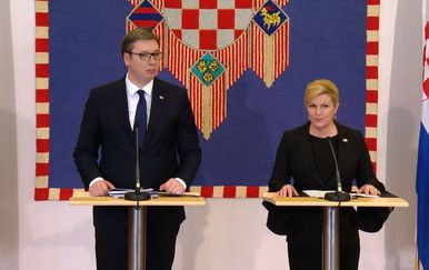 Kolinda Grabar-Kitarović i Aleksandar Vučić daju izjave nakon sastanka (Foto: Dnevnik.hr)