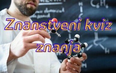 Muškarac s maketom molekule i natpis Znanstveni kviz znanja