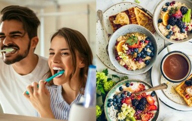 Muškarac i žena peru zube i razne opcije za doručak