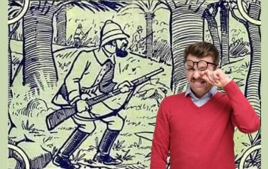 Optička iluzija lovca u šumi i muškarac koji trlja oči ispod naočala