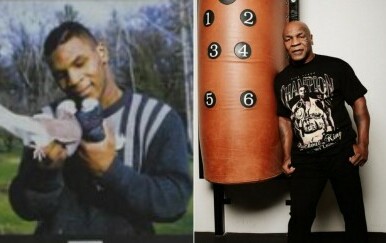 Mike Tyson kako drži golubove i kako stoji pored boksačke vreće