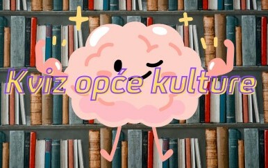 Polica s knjigama i mozak koji pokazuje mišiće uz natpis kviz opće kulture