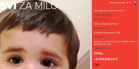 Prikupljeno više od 28 milijuna kuna za liječenje malene Mile (Screenshot: http://lifeformila.com)