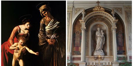 Djevica Marija drži Isusa i gazi zmiju: slika koju je naslikao Michelangelo Merisi da Caravaggio (lijevo) i kip iz crkve svetog Jakova u francuskoj (desno) (Foto: Wikimedia Commons)