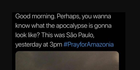 Sao Paulo se zacrnio na sat vremena usred bijela dana zbog požara koji bukti u 2700 kilometara udaljenoj Amazonskoj prašumi (Foto: Twitter)