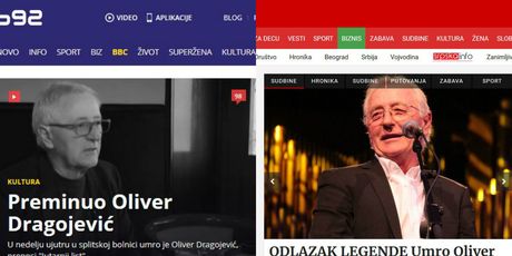 Regionalni mediji o smrti Olivera Dragojevića (Printscreen/B92/Blic)