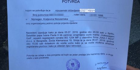 Potvrda policije o oštećenju automobila (Foto: Dnevnik.hr)