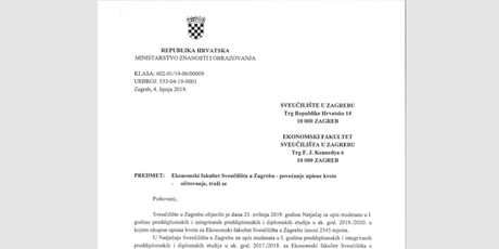 Pismo ministrice Divjak Ekonomskom fakultetu (Foto: Dnevnik.hr)
