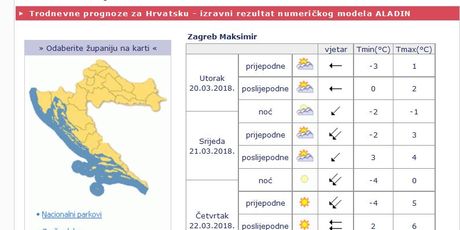 Temperature sljedeća tri dana za Zagreb (Screenshot: DHMZ)