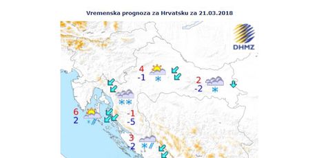 Karta prognoze vremena za Hrvatsku (Screenshot: DHMZ)