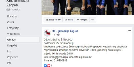 Objava XIII. gimnazije Zagreb o štrajku (Foto: screenshot)
