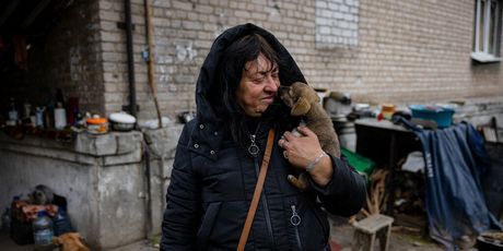 Žena grli psića na otvorenom u Donjecku