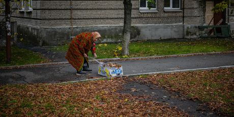 Starija žena vuče kutiju napunjenu komadima kartona i papira za grijanje u Lymanu