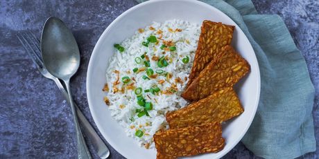 Pečeni tempeh možete poslužiti umjesto mesa s kuhanom rižom