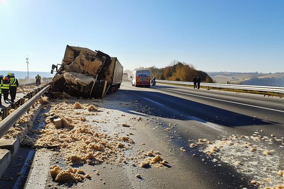 Prevrnuti kamion na autocesti, ilustracija, AI