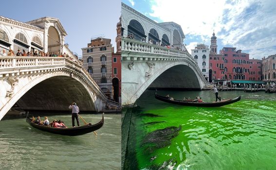 Voda u venecijsnakim kanalima nedavno je poprimila flourescentno zelenu boju