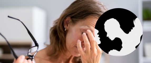 Žena koja trlja oči nakon nošenja naočala i vizualna zagonetka