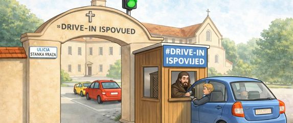 Grafika drive-in ispovijedi u župi sv Roka iz Virovitice