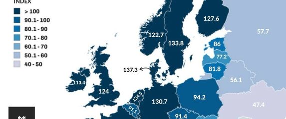 Karta s podacima o indeksu kupovne moći u Europi