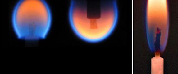 Plamen u uvjetima mikrogravitacije (lijevo) i na Zemlji (desno)