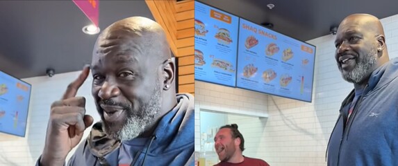 Shaquille O'Neal u interakciji sa zaposlenikom njegovog restorana