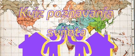 Karta svijeta i susjedi koji se pozdravljaju uz natpis kviz poznavanja svijeta