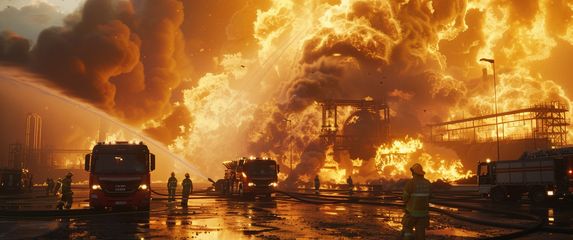 Požar u tvornici, ilustracija, AI