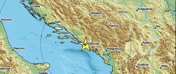 Lokacija potresa kod Dubrovnika