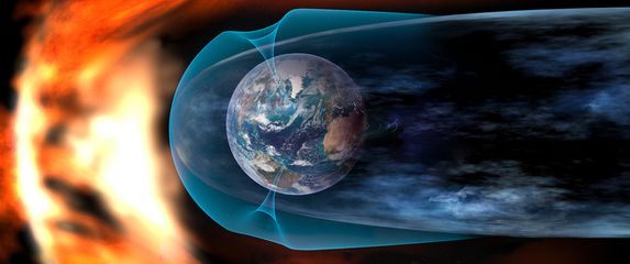 Ilustracija solarnog vjetra koji udara u Zemljino magnetsko polje