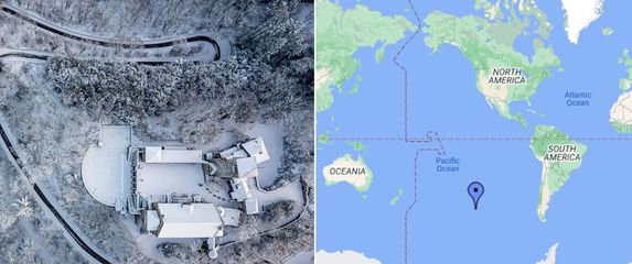 kuća na osami u snijegu i lokacija Pointa Nemo na google mapsu