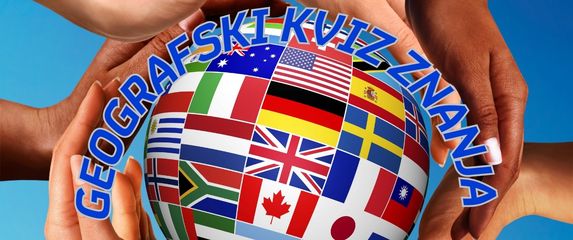 ruke koje okružuju zemaljsku kuglu sa zastavama nekih država i natpisom geografski kviz znanja