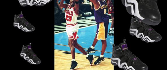 košarkaši Kobe bryant i Michael Jordan na terenu kako se bore za loptu i tenisice adidas crazy 8
