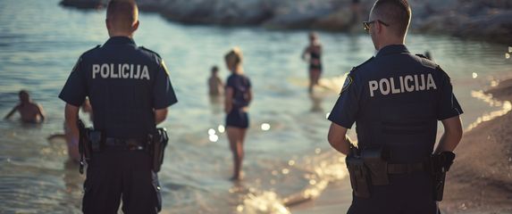 Uhićenje na plaži, ilustracija, AI