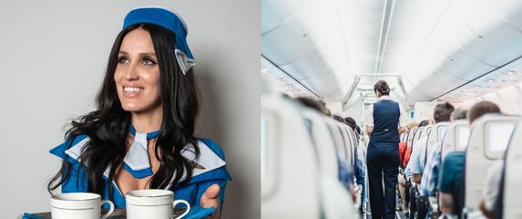 Stjuardesa poslužuje piće i kako stoji u zrakoplovu