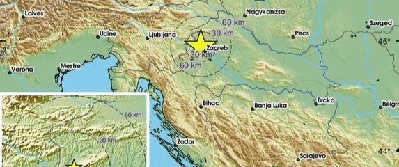 Karta epicentra potresa kod Zagreba