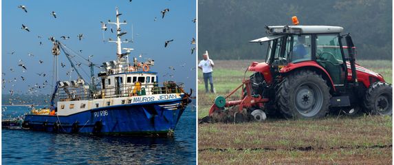 Ribarski brod i traktor u polju, ilustracija