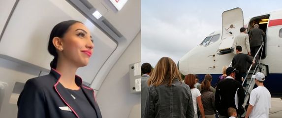 Stjuardesa Rania na ulazu u avion i putnici pri ukrcaju