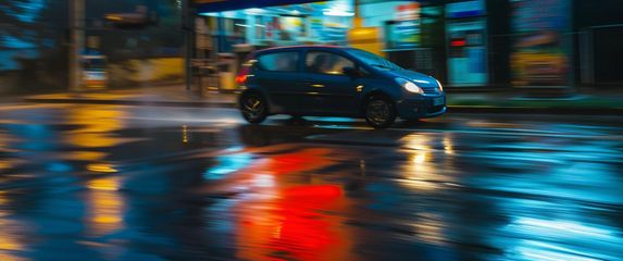 Automobil odlazi s benzinske postaje, AI, ilustracija