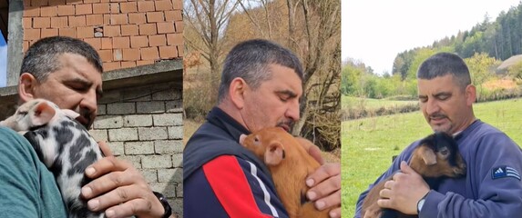 Jovica Nikolic koji pjeva domaćim životinja koje drži u naručju