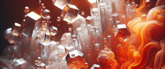 Ilustracija kristala silicija koji izlaze iz tekućeg metala Zemljine vanjske jezgre zbog kemijske reakcije izazvane vodom